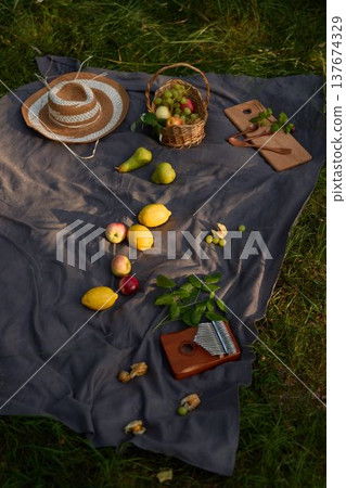 Scenic arrangement of food and herbs in natural light setting 137674329