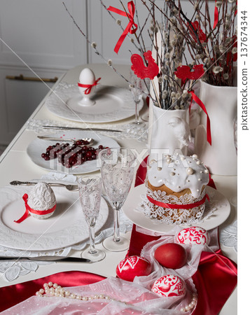 Decorative eggs brunch. Festive table setting with eggs and desserts Decorative eggs brunch. Festive table setting with eggs and desserts 137674344
