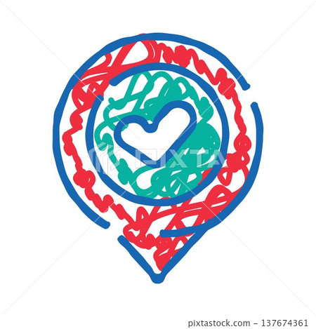 Location pin icon with a heart inside abstract scribble 137674361