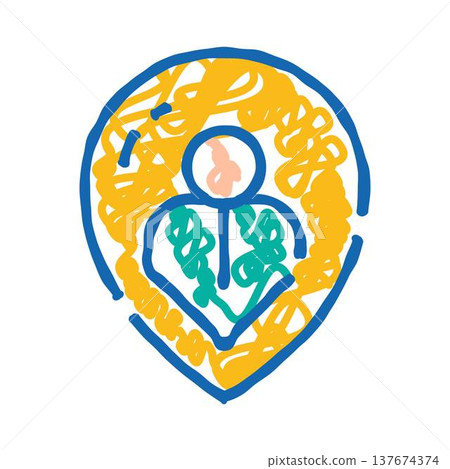 Blue map pin holding hand drawn person Blue map pin holding hand drawn person 137674374