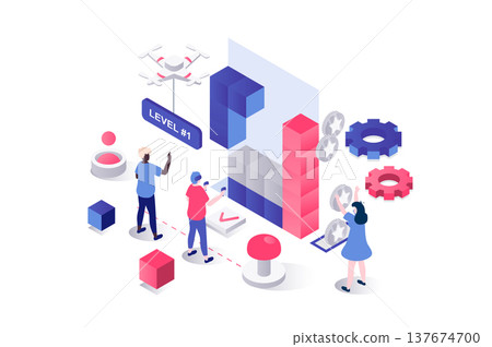Virtual reality 3d isometric concept in geometry graphic design for web. People using VR headsets and controllers for video game, playing in visual space with simulation tech. Illustration. Virtual reality 3d isometric concept in geometry graphic design for web. People using VR headsets and controllers for video game, playing in visual space with simulation tech. Illustration. 137674700