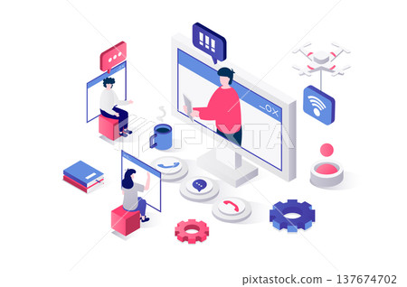 Video conference 3d isometric concept in geometry graphic design for web. People connecting by video call, taking with colleague from screen, virtual meeting or remote education. Illustration. 137674702