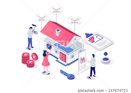Real estate 3d isometric concept in geometry graphic design for web. People building residential houses, planning architecture projects, investing money in construction industry. Illustration. Real estate 3d isometric concept in geometry graphic design for web. People building residential houses, planning architecture projects, investing money in construction industry. Illustration. 137674721