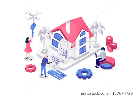 Mortgage investment 3d isometric concept in geometry graphic design for web. People buying new home, concluding property money contract with bank and investing in real estate. Illustration. 137674729
