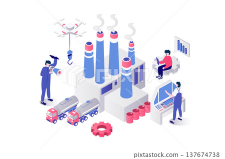 Industrial production 3d isometric concept in geometry graphic design for web. People work at factory infrastructure with chimney pipes, using trucks for transportation logistic. Illustration. 137674738