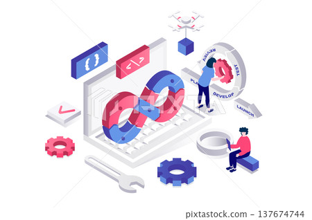 DevOps 3d isometric concept in geometry graphic design for web. People programmers and engineers working together, build agile process and system life cycle to project release. Illustration. 137674744