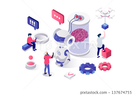 Artificial intelligence 3d isometric concept in geometry graphic design for web. People working with AI and robots technology, creating brain neural network and machine learning. Illustration. 137674755