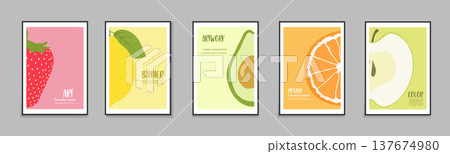 Collection of colorful summer posters, templates, backgrounds placards, brochures, banners, flyers and etc. Bright fruits artwork covers. Vibrant tropical cards 137674980