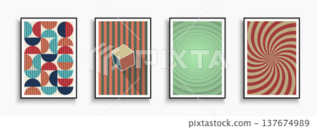 Collection of colorful artwork abstract covers in flat bauhaus style. Creative backgrounds, placards, brochures, banners, flyers. Modern art vintage posters for design Collection of colorful artwork abstract covers in flat bauhaus style. Creative backgrounds, placards, brochures, banners, flyers. Modern art vintage posters for design 137674989