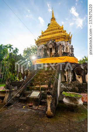 Wat Chiang Man in Chiang Mai Thailand at sunset with its iconic elephant encircled golden stupa and historic Lanna architecture, a must see cultural and travel destination. Wat Chiang Man in Chiang Mai Thailand at sunset with its iconic elephant encircled golden stupa and historic Lanna architecture, a must see cultural and travel destination. 137675220