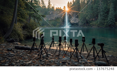 Smartphones and cameras on tripods on the edge of a viewing platform in a picturesque canyon during sunrise. Conceptual ideas for travel blogging, outdoor photography, and influencer culture. Smartphones and cameras on tripods on the edge of a viewing platform in a picturesque canyon during sunrise. Conceptual ideas for travel blogging, outdoor photography, and influencer culture. 137675248