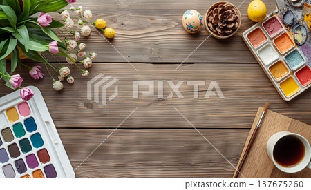 A blank white canvas on a rustic wooden table, with watercolors, flowers, and Easter decor. Concept art, education, DIY creativity, Easter decor. 137675260