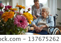 A daughter wishes her wheelchair-bound mother a Happy Mother's Day. An elderly woman in a wheelchair at home. Conceptual themes of healthcare, aging, home care, and Mother's Day greetings. 137675262