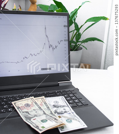 A candlestick chart for a crude oil, on a laptop screen, showing some pretty significant volatility after events in middle east in march 2026. Notes amounting 120 dollars on the laptop keyboard A candlestick chart for a crude oil, on a laptop screen, showing some pretty significant volatility after events in middle east in march 2026. Notes amounting 120 dollars on the laptop keyboard 137675293