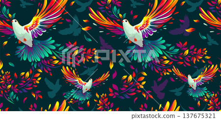 The colorful bird of peace, the dove Seamless pattern for fabric. hand drawing dark background. Not AI. Vector illustration The colorful bird of peace, the dove Seamless pattern for fabric. hand drawing dark background. Not AI. Vector illustration 137675321