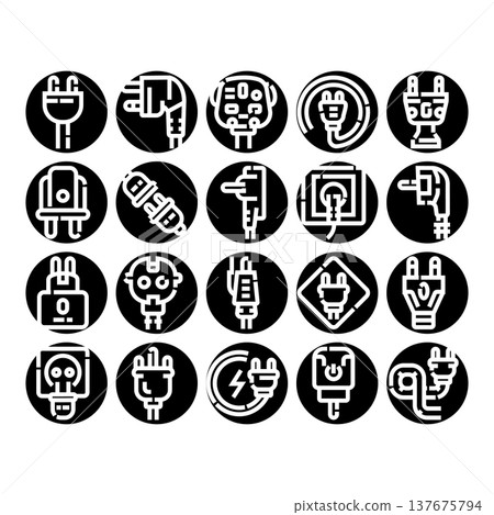 Electric power plugs sockets adapters connection glyph icons Electric power plugs sockets adapters connection glyph icons 137675794