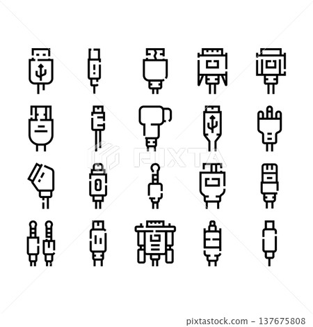 Computer and mobile device connectors line art icons Computer and mobile device connectors line art icons 137675808