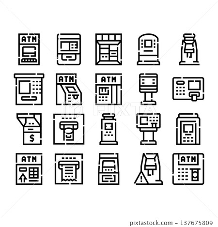 Automated teller machine financial service glyph icons collection Automated teller machine financial service glyph icons collection 137675809