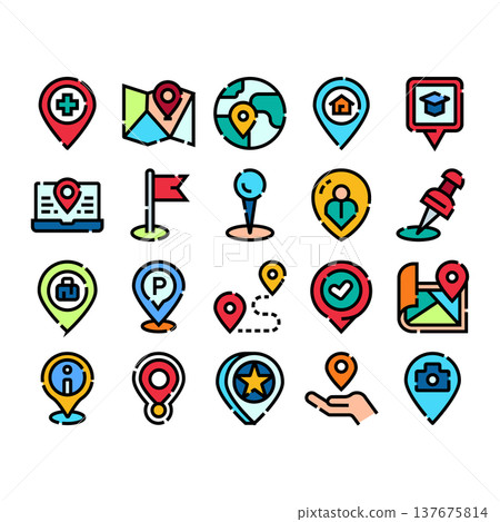 Location pin navigation icons set showing destination points Location pin navigation icons set showing destination points 137675814