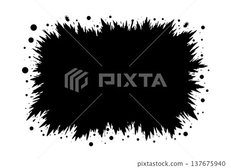 Rectangular black paint blot with jagged edges and circular splatters on white background poster art 137675940