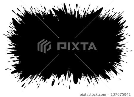 Rectangular black ink blot with aggressive splatter texture on white background, grunge frame 137675941