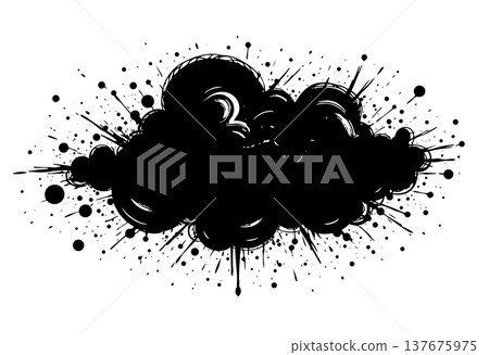 Dark grey cloud shape with black ink splatters and scattered dots, abstract stormy effect Dark grey cloud shape with black ink splatters and scattered dots, abstract stormy effect 137675975