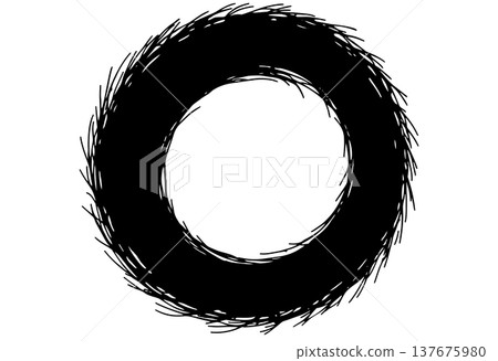 Circular frame made of thin black strands and frayed edges on a plain white background Circular frame made of thin black strands and frayed edges on a plain white background 137675980