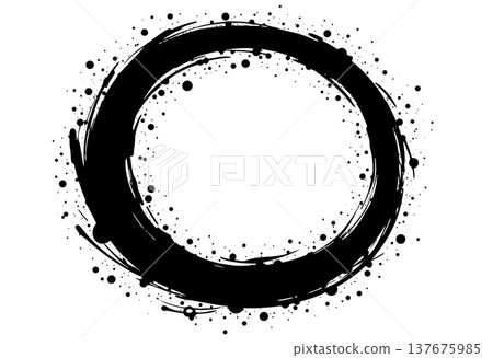 Brush stroke circle with ink splatter, black painted frame on white background, round shape Brush stroke circle with ink splatter, black painted frame on white background, round shape 137675985