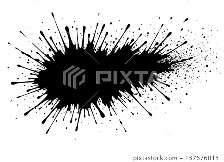 Black ink splash with long radial paint splatters and fine spray particles on white background for 137676013