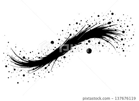 A dynamic black ink stroke with scattered dots creates an abstract, energetic pattern on white background 137676119