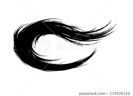 A bold black ink stroke forming a crescent shape with textured edges on a pristine white background A bold black ink stroke forming a crescent shape with textured edges on a pristine white background 137676120