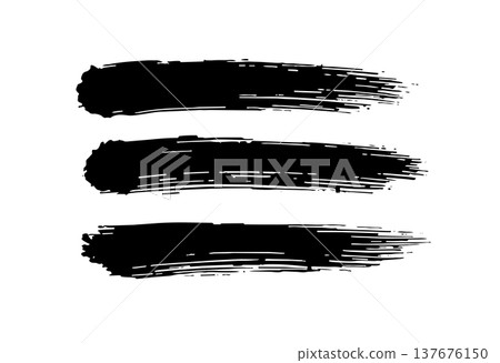 Three horizontal black brush strokes are isolated on white background with rough textured edges Three horizontal black brush strokes are isolated on white background with rough textured edges 137676150