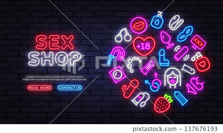 Sex Shop Bright neon banner with adult products icons glowing on a dark brick wall. Modern vector illustration for online store promotion with vibrant symbols of intimacy and nightlife style. 137676193