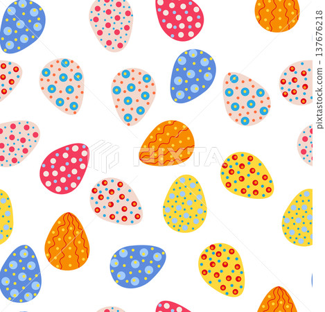 Seamless pattern with Easter eggs, outline design. A vibrant seamless background for Easter designs, featuring cute patterned eggs with polka dots and stripes. Seamless pattern with Easter eggs, outline design. A vibrant seamless background for Easter designs, featuring cute patterned eggs with polka dots and stripes. 137676218