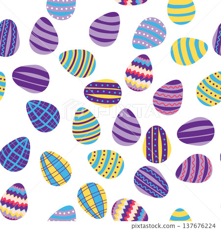 Seamless pattern with Easter eggs, outline design. A vibrant seamless background for Easter designs, featuring cute patterned eggs with polka dots and stripes. Seamless pattern with Easter eggs, outline design. A vibrant seamless background for Easter designs, featuring cute patterned eggs with polka dots and stripes. 137676224