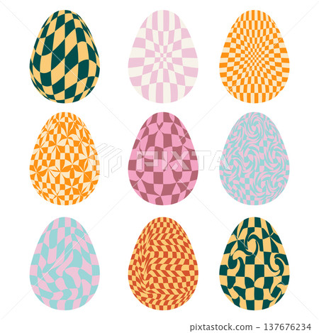 Easter eggs with retro groovy patterns in 60s 70s style set. Groovy hippie Happy Easter with distorted psychedelic design. Vector illustration 137676234