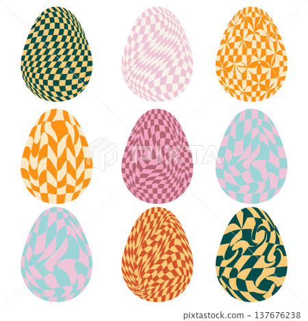 Easter eggs with retro groovy patterns in 60s 70s style set. Groovy hippie Happy Easter with distorted psychedelic design. Vector illustration 137676238