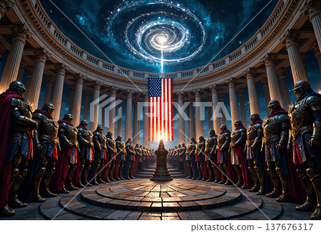 Group of knights standing in rotunda with flag 137676317