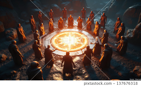 Group of monks in ancient ritual with light star Group of monks in ancient ritual with light star 137676318