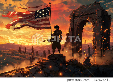 Hero with american flag on destroyed land Hero with american flag on destroyed land 137676319