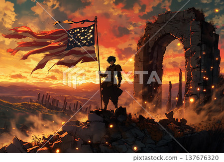 Hero with torn american flag in ruins Hero with torn american flag in ruins 137676320