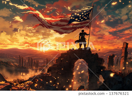 Heroic figure holding flag on ancient stone arch 137676321