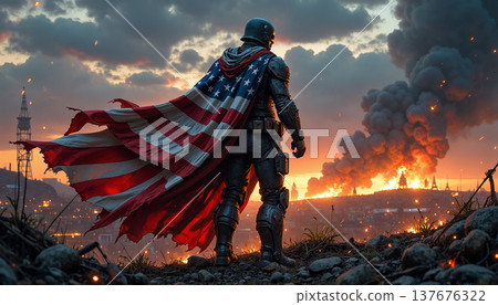 Heroic soldier american flag cityscape Heroic soldier american flag cityscape 137676322
