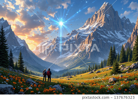 Hikers admire luminous mountain valley at sunset Hikers admire luminous mountain valley at sunset 137676323