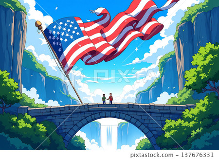 Huge american flag over bridge with two figures Huge american flag over bridge with two figures 137676331