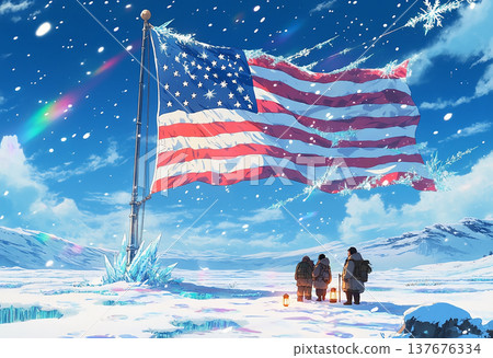 Icy american flag blowing in cold winter blizzard Icy american flag blowing in cold winter blizzard 137676334