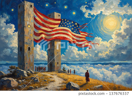 Impressionist painting of flag between stone towers Impressionist painting of flag between stone towers 137676337