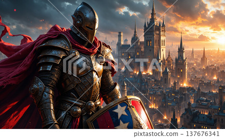 Knight in heavy plate armor standing before city Knight in heavy plate armor standing before city 137676341