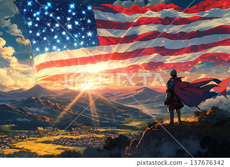 Knight overlooks a patriotic american flag at sunset Knight overlooks a patriotic american flag at sunset 137676342