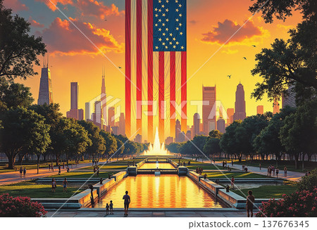 Large american flag backdrop in city park square 137676345